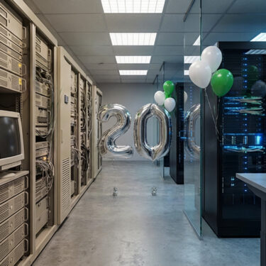 A data centre filled with green and white balloons.